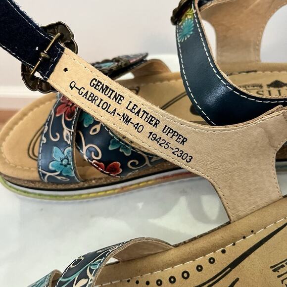 L'Artiste x Jane & Coco Leather Gabriola Platform Sandals Size 9 Navy Multi NIB - Picture 5 of 8